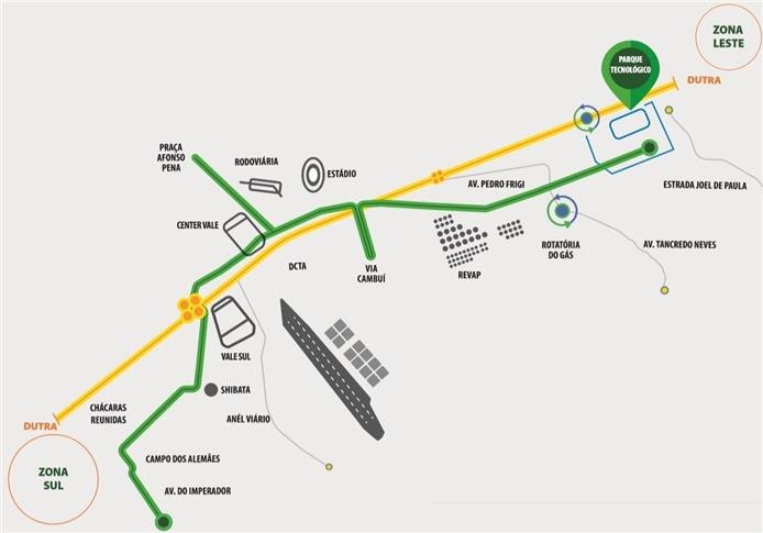 Mapa São José dos Campos Linha verde ônibus VLP