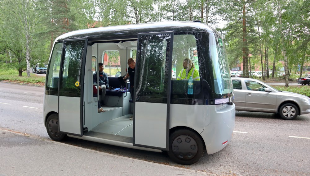 Espoo, Finland -07-02-2019: GACHA â€“ Self-driving shuttle bus for all weather conditions. Offering smart, safe and sustainable on-demand transportation all year around. Max speed: 40 km/h autonomous.