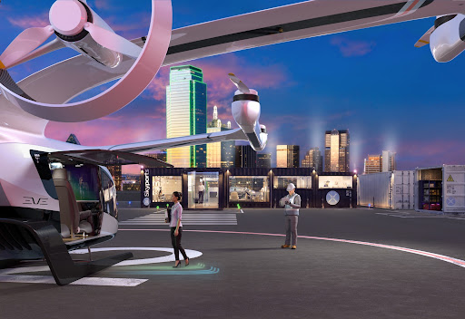 A Embraer também tem buscado parcerias para o desenvolvimento do ecossistema de mobilidade urbana aérea. (Fonte: Eve/Divulgação)